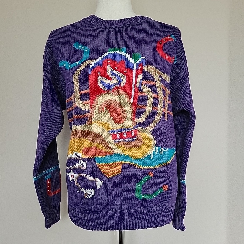 Vtg Kenny Rogers Novelty Sweater Sz S Y2K Western Rodeo Horseshoe Boot Hat READ